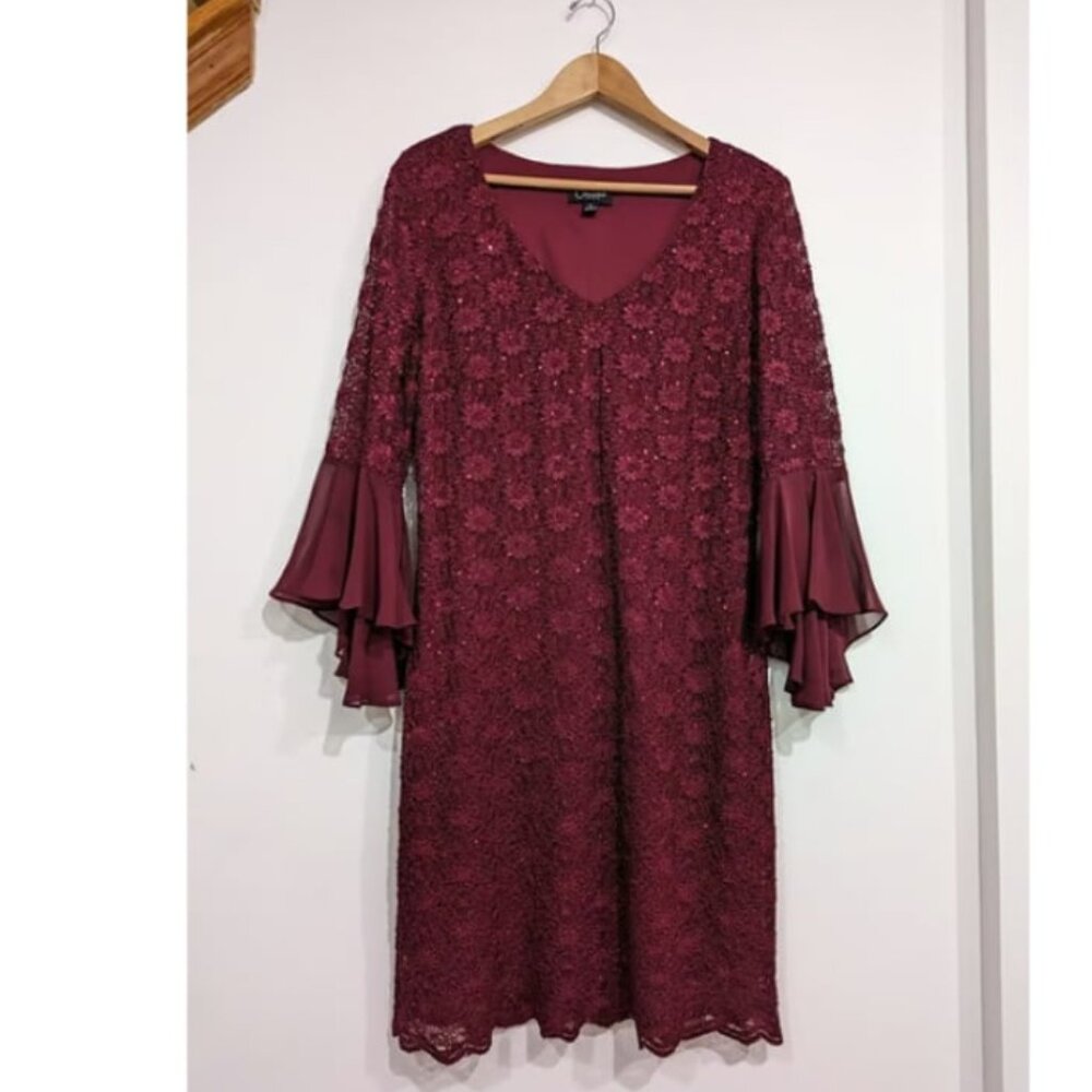 Burgundy Wine Sparkle Dress Women's Large 14 Winged Sleeves Connected Apparel